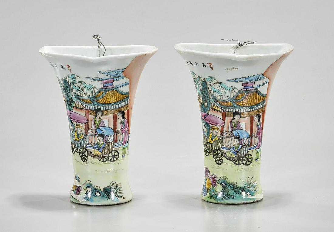 Pair Chinese Enameled Porcelain Wall Planters: Pair of Chinese enameled porcelain wall planters; figural motifs; 7" x 5" x 3" (each, approx.) Condition: wear, frits, pits, minor loss