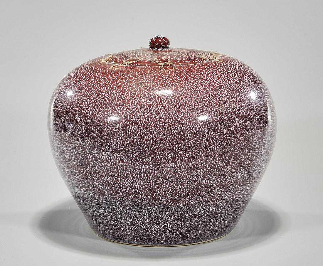 Chinese Peach Bloom Glazed Porcelain Covered Jar: Chinese peach bloom porcelain covered jar; 10" x 12" (approx.) Condition: wear, frits, pits, minor loss