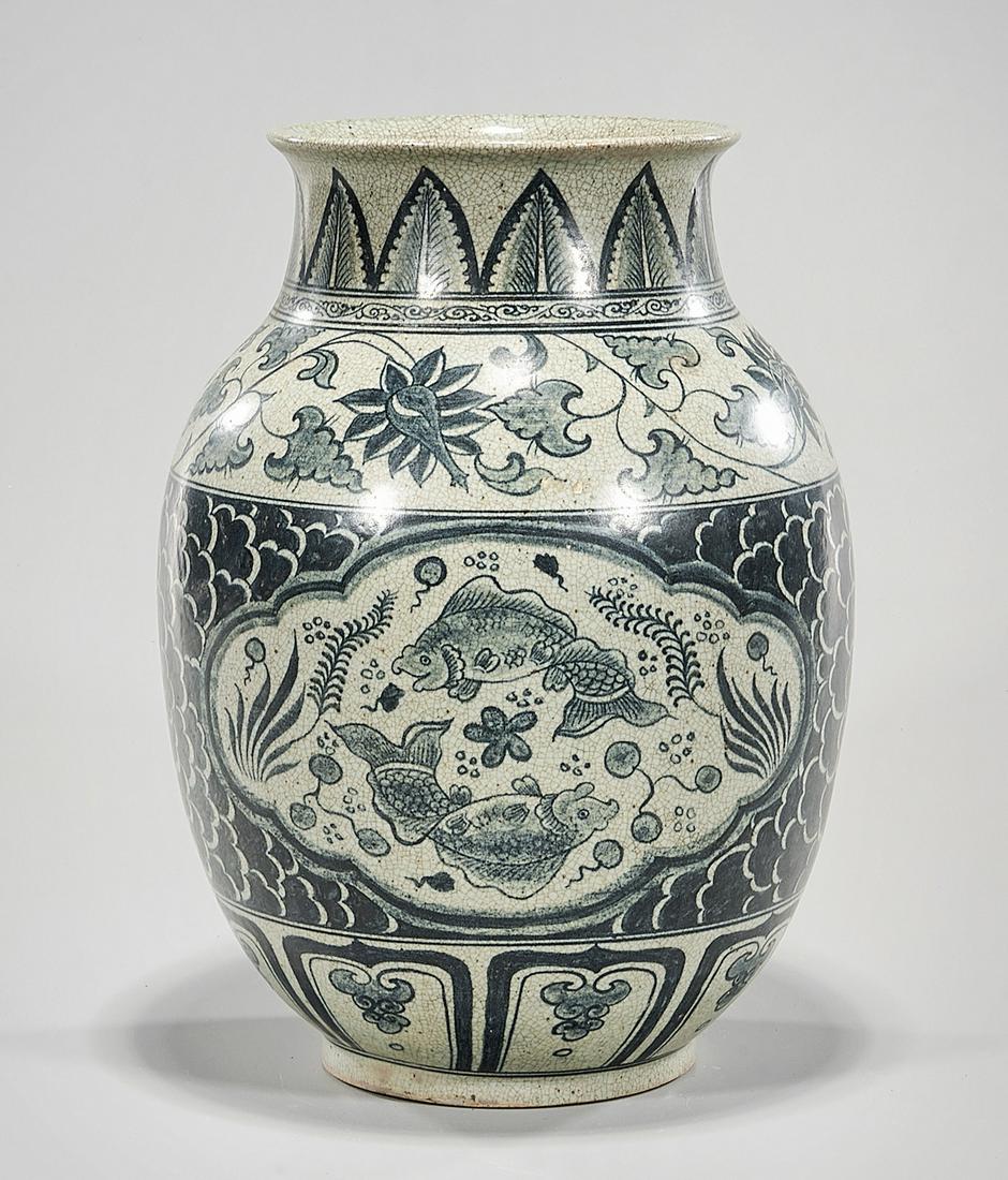 Chinese Blue and White Porcelain Vase: Chinese blue and white porcelain vase; fish motif; 13" x 9" (approx.) Condition: wear, frits, pits, minor loss