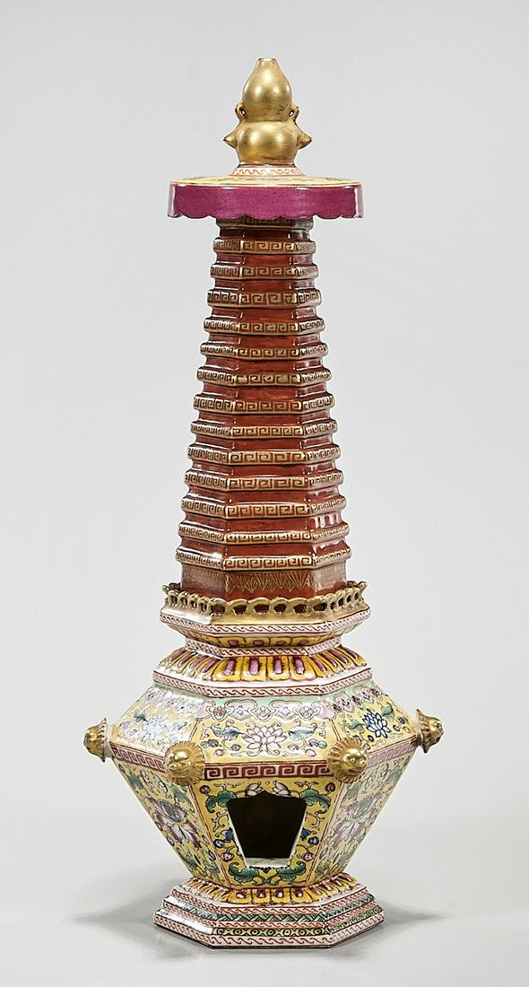 Chinese Enameled Porcelain Miniature Shrine: Chinese enameled porcelain miniature shrine; interior Buddha; 14" x 6" x 5 1/2" (approx.) Condition: wear, frits, pits, minor loss