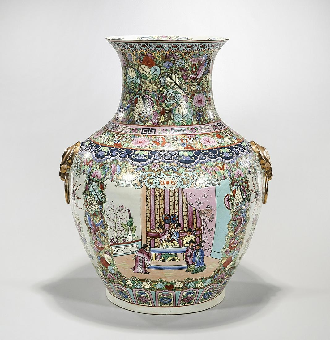 Tall Chinese Enameled Porcelain Vase: Tall Chinese enameled porcelain export famille rose vase with handles; scenes of figures and flowers; 24" x 17" (approx.) Condition: wear, frits, pits, minor losses