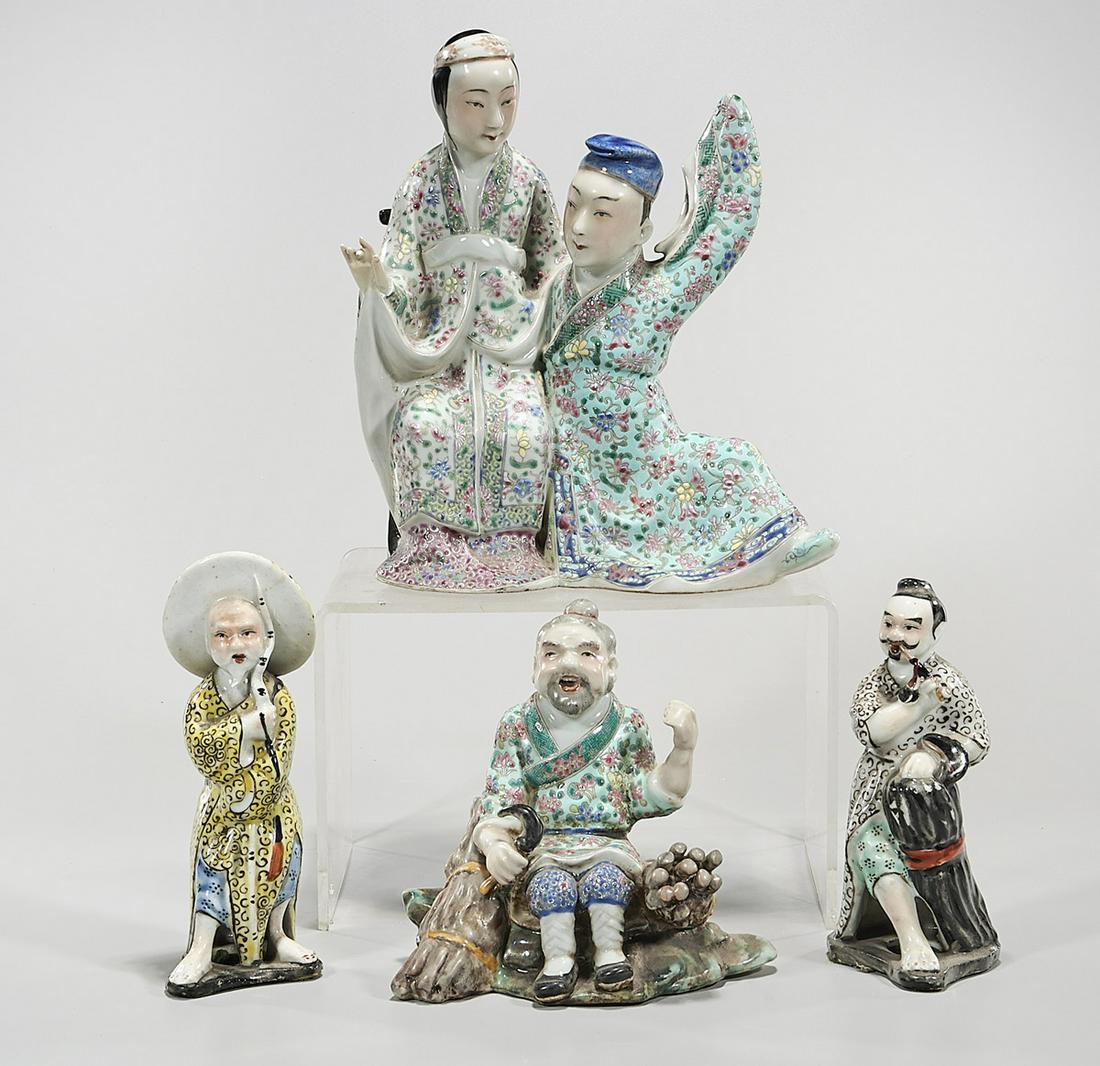 Group of Four Enameled Porcelain Figures: Group of four enameled porcelain figures; famille rose; 9 1/2" x 8" x 5" (tallest, approx.) Condition: wear, frits, pits, minor loss