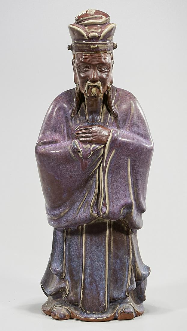 Chinese Purple Splash Glazed Porcelain Figure: Chinese purple splash glazed figure of a scholar; 16 1/2" x 6 1/2" x 5" (approx.) Condition: wear, frits, pits, minor loss