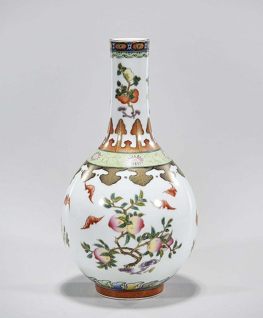Chinese Famille Rose and Painted Porcelain Globular: Chinese famille rose and gilt porcelain vase; Qianlong mark to base; 9" x 4 1/2" (approx.) Condition: wear, frits, pits, minor loss