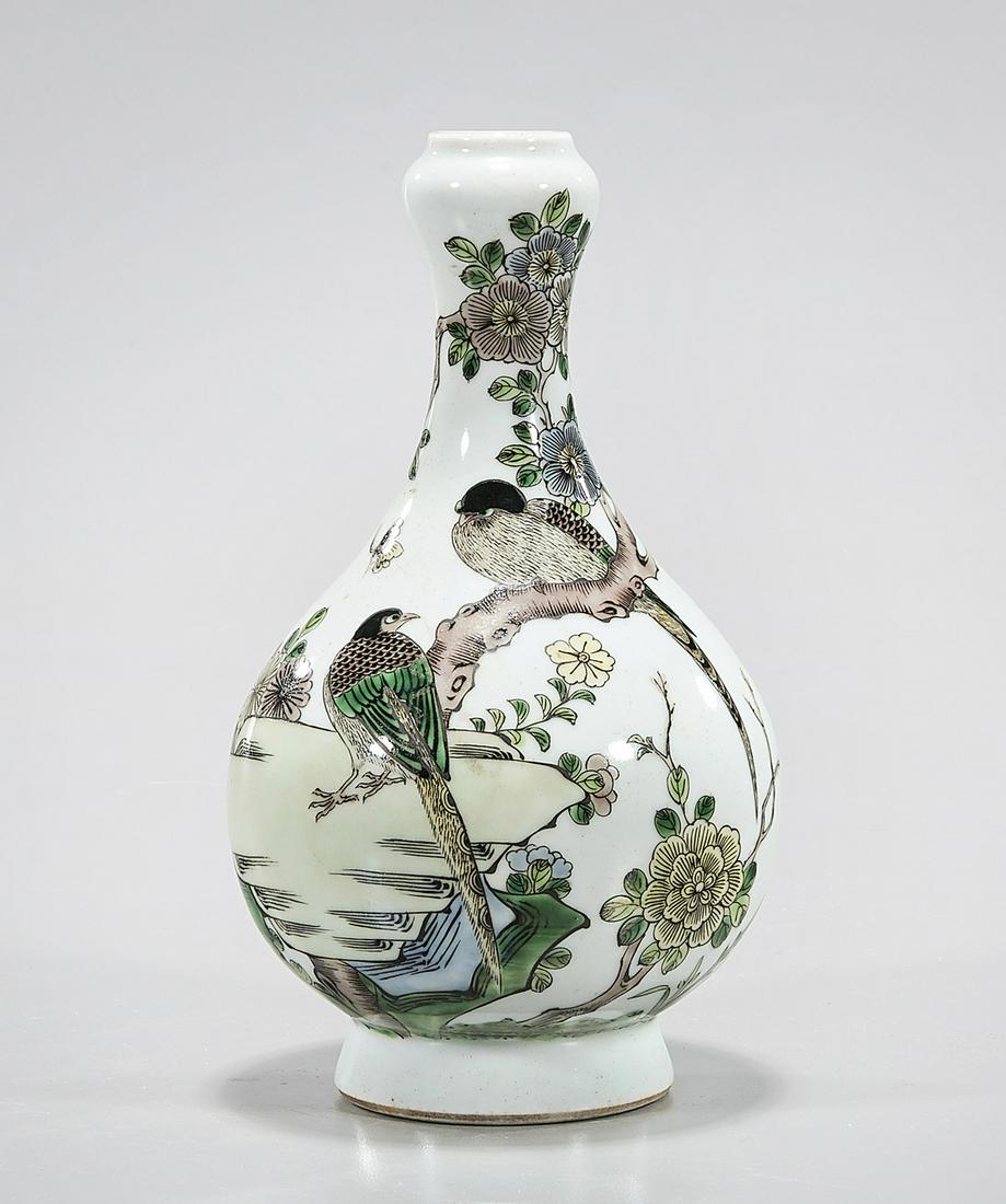 Chinese Enameled Porcelain Garlic Mouth Vase: Chinese enameled porcelain; birds and flower scene; Kangxi mark to base; 8" x 4" (approx.) Condition: wear, frits, pits, minor loss