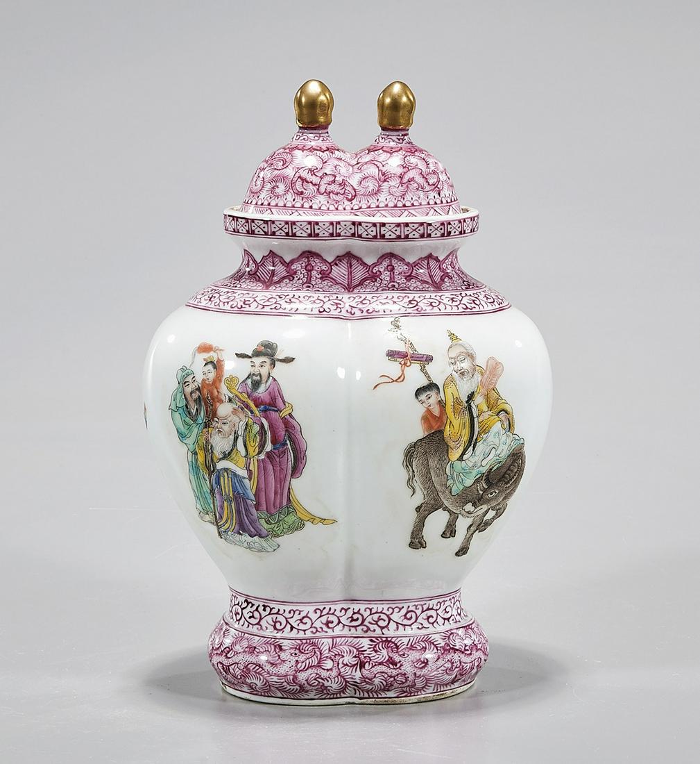 Chinese Enameled Porcelain Conjoined Vase: Chinese enameled porcelain; famille rose; Qianlong mark to base; 9" x 6" x 4 1/2" (approx.) Condition: wear, frits, pits, minor loss