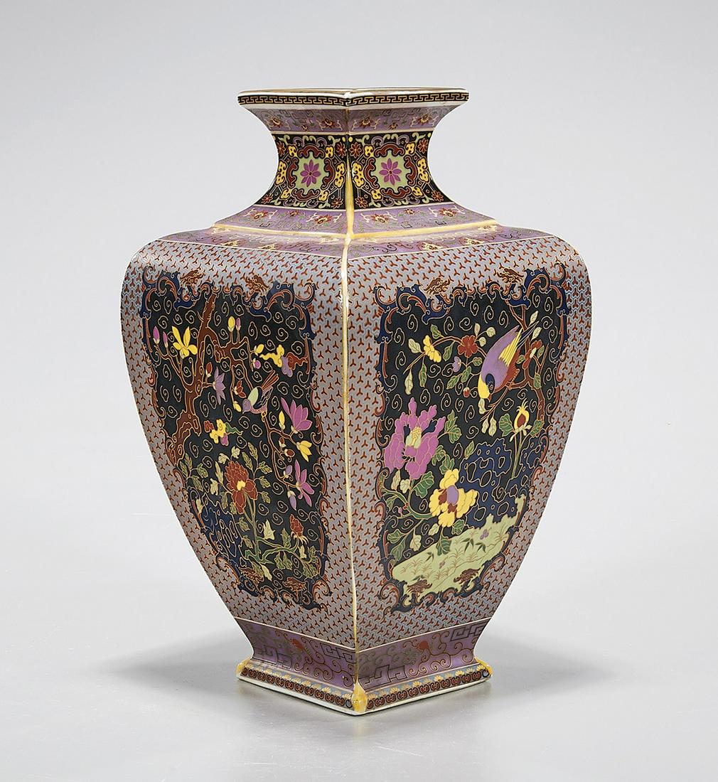 Chinese Enameled Porcelain and Painted Four-Faceted: Chinese enameled porcelain four-faceted vase; Yongzheng mark to base; 10" x 6" (approx.) Condition: wear, frits, pits, minor loss