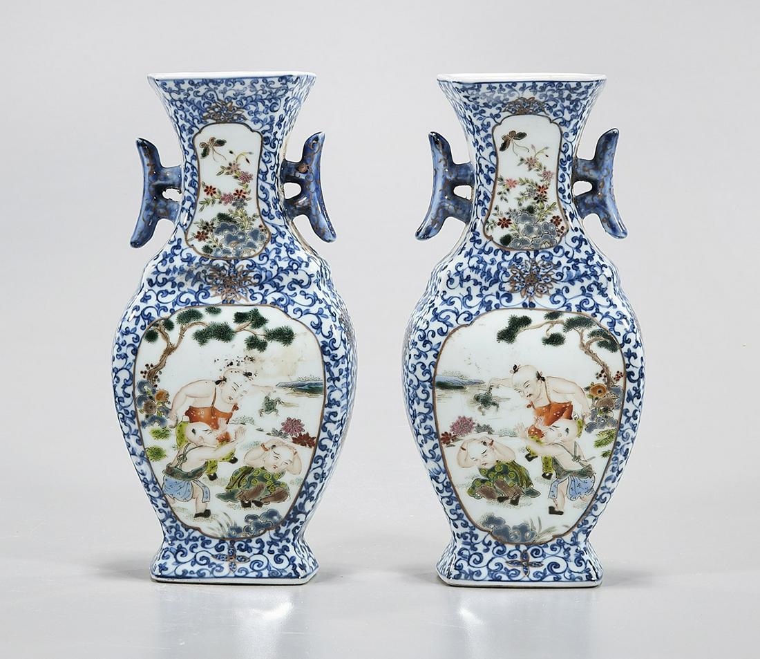 Pair Chinese Enameled and Painted Porcelain Wall Vases: Pair of Chinese enameled and painted porcelain wall vases; depicting children and flowers; 7" x 3 1/2" x 1" (each, approx.) Condition: wear, frits, pits, minor loss
