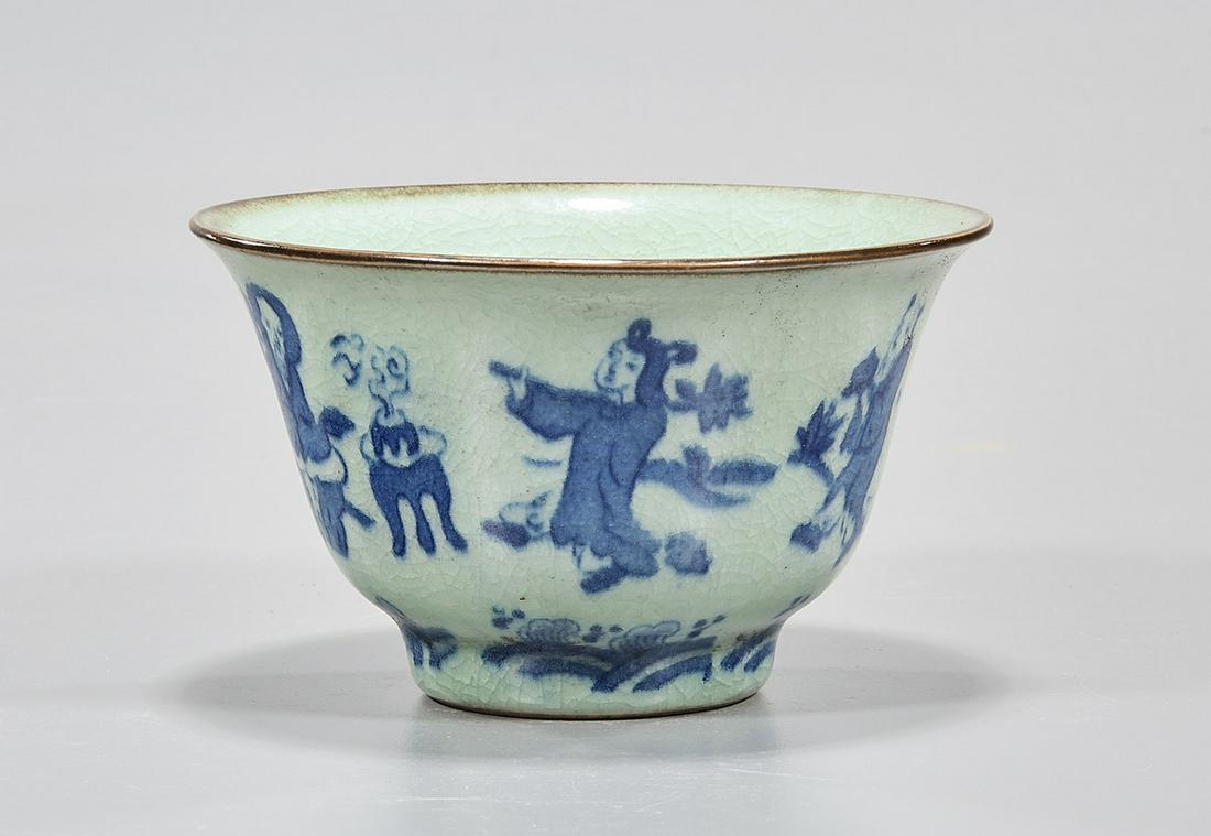 Chinese Blue and Green Porcelain Bowl: Chinese blue and green porcelain bowl; figural motifs; 3 1/4" x 5 1/2" (approx.) Condition: wear, frits, pits, minor loss