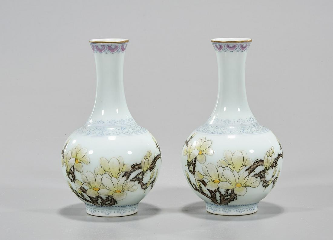 Two Chinese Enameled Porcelain Vases: Two Chinese enameled porcelain globular vases; 5" x 3" (taller, approx.) Condition: wear, frits, pits, minor loss