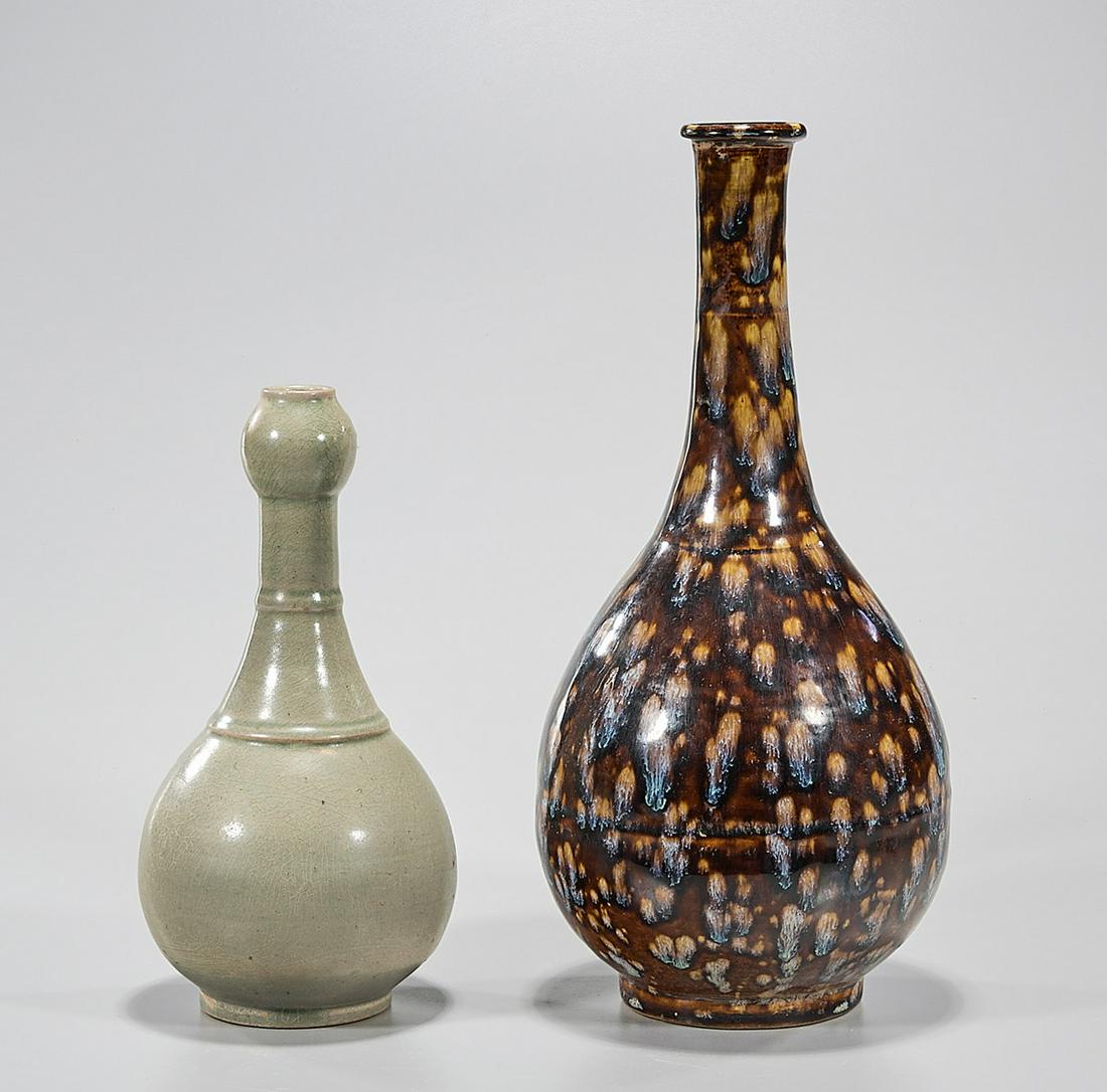 Two Chinese Glazed Porcelain Vases: Two Chinese glazed porcelain vases; one tortoise shell glaze and one green glazed; 13" x 6" (taller, approx.) Condition: wear, frits, pits, minor loss