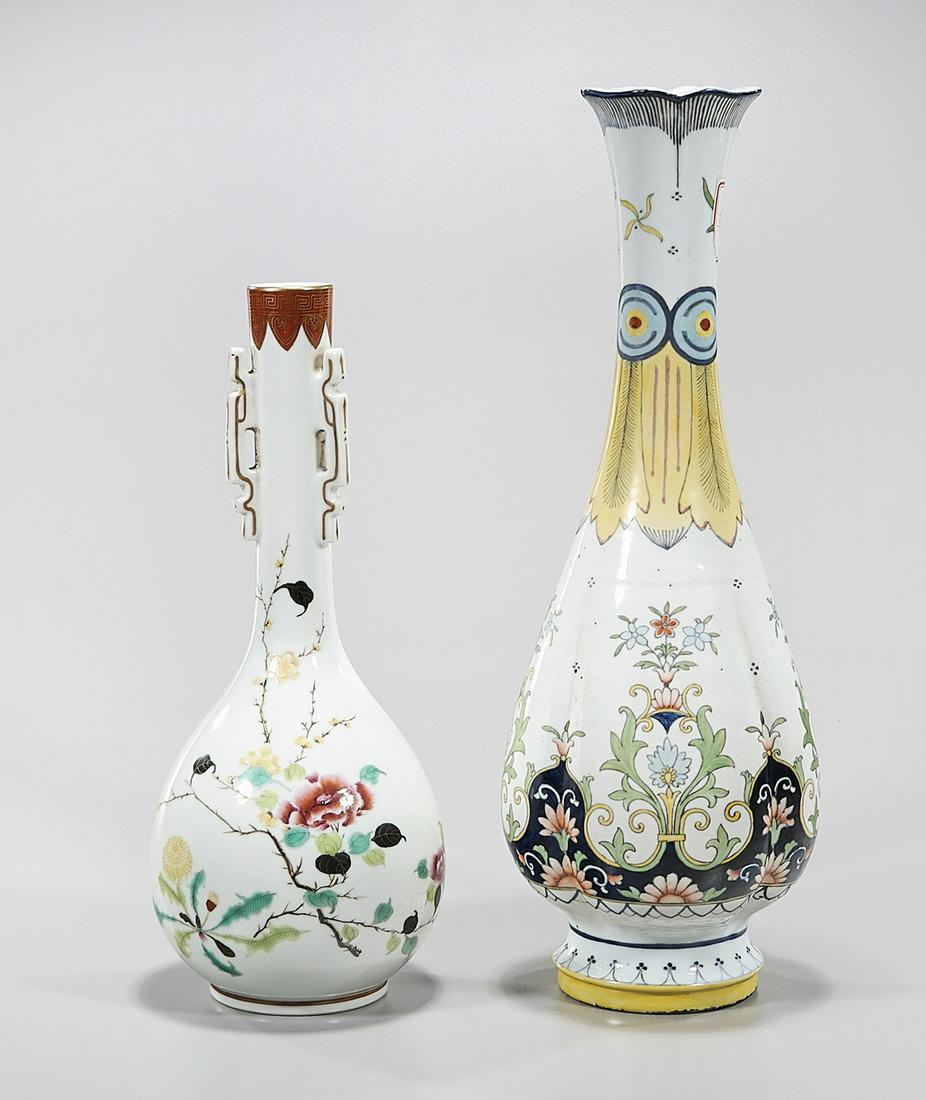Two Chinese Enameled Porcelain Vases: Two Chinese enameled porcelain vases; 16" x 6" (taller, approx.) Condition: wear, frits, pits, minor loss