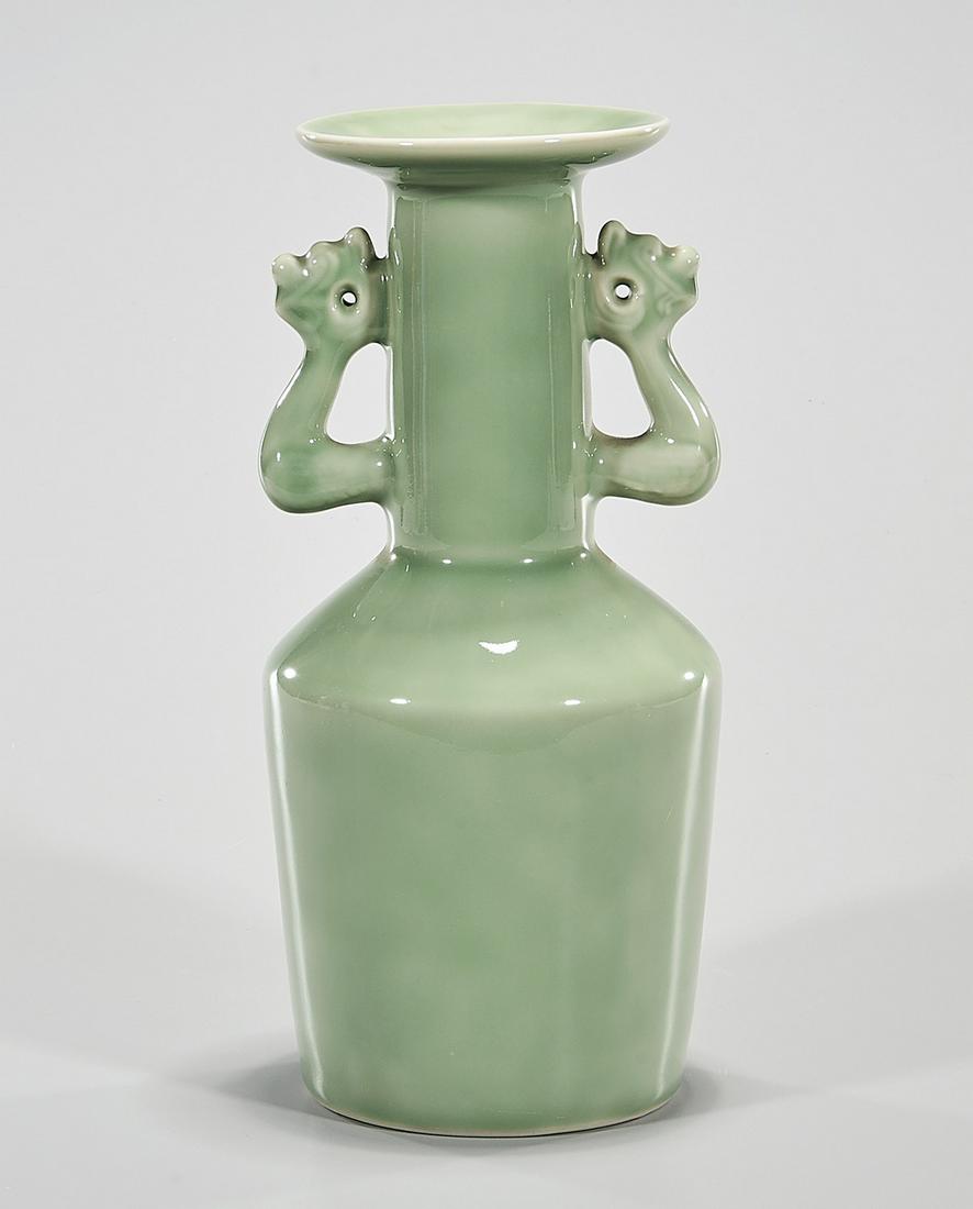 Chinese Green Glazed Porcelain Mallet Vase: Chinese green glazed porcelain mallet vase with handles; 10" x 5" (approx.) Condition: general wear, frits, pits, minor losses