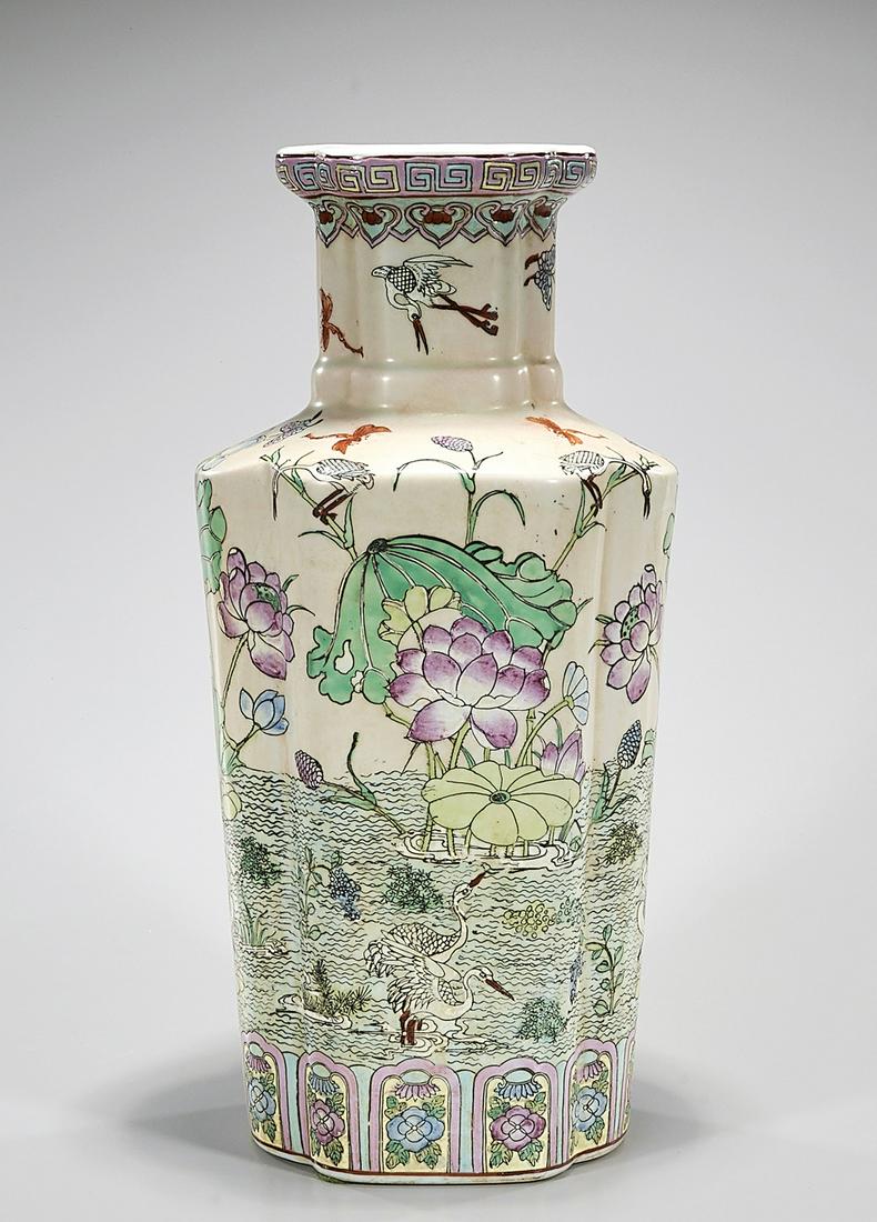 Chinese Enameled Porcelain Vase: Chinese enameled porcelain vase; pond scene with cranes; Qianlong mark but later; 19" x 9" x 8 1/4" (approx.) Condition: general wear, frits, pits, minor chips