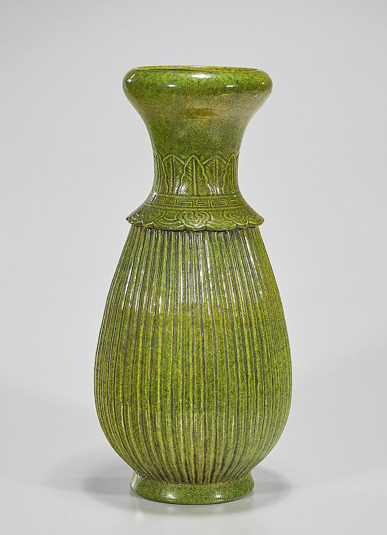 Chinese Green Glazed Porcelain Vase: Chinese green glazed porcelain ribbed vase; 15" x 7" (approx.) Condition: general wear, frits, pits, minor chips