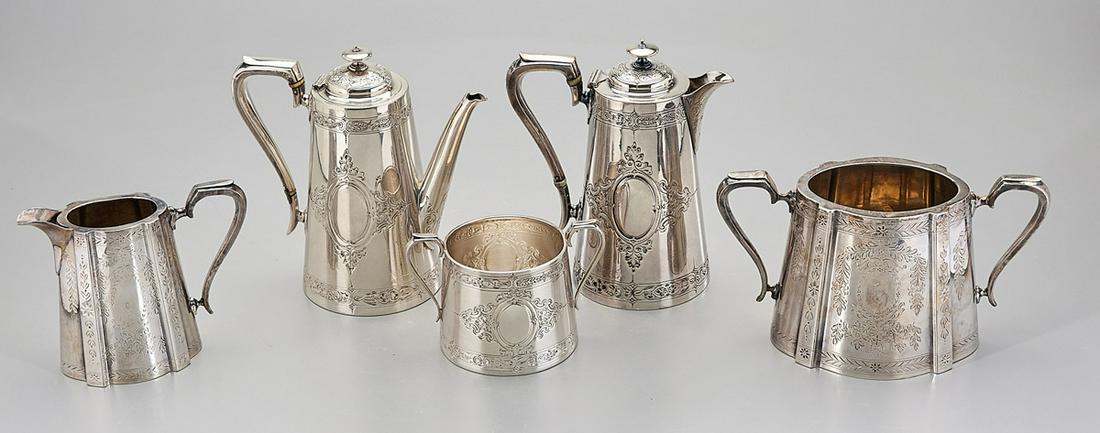 Group of Five Silver Plate Tea Service Pieces: Five silver plate tea service pieces; including two tea pots and a handled sugar bowl by Martin Hall and Co., Sheffield, 19th C., and a creamer and handled sugar bowl by William Hutton & Sons; 6 3/4"