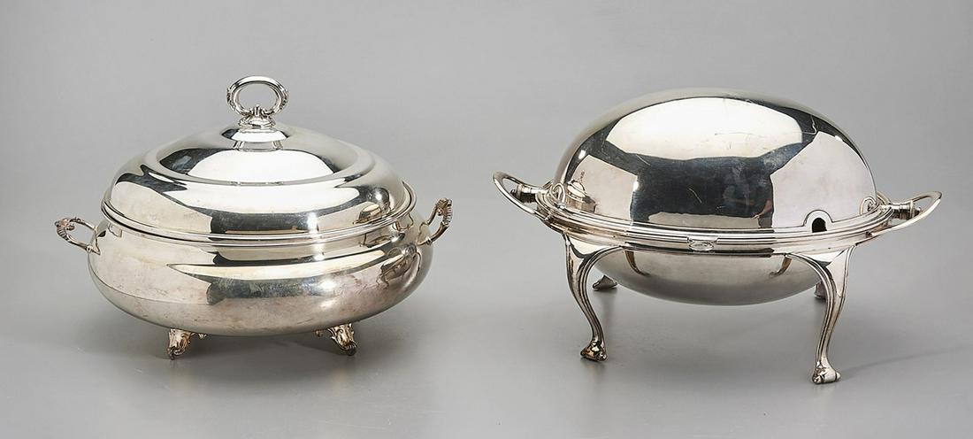 Two English Silver Plate Covered Serving Dishes: Two English silver plate covered serving dishes; including covered dish by Stewart Dawson and Co; and one with revolving cover and illegible marks; 9 1/2" x 14" x 11 1/2" (larger, approx.)