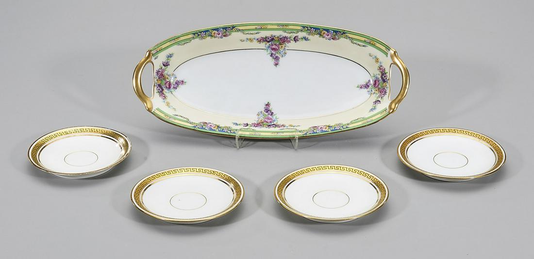 Five Pieces of European China: Five pieces of European China, including a KPM dish and four saucers of J Pouyat Limoges, The Athena; L: 12 1/2" x 5 1/2" (largest, approx.)