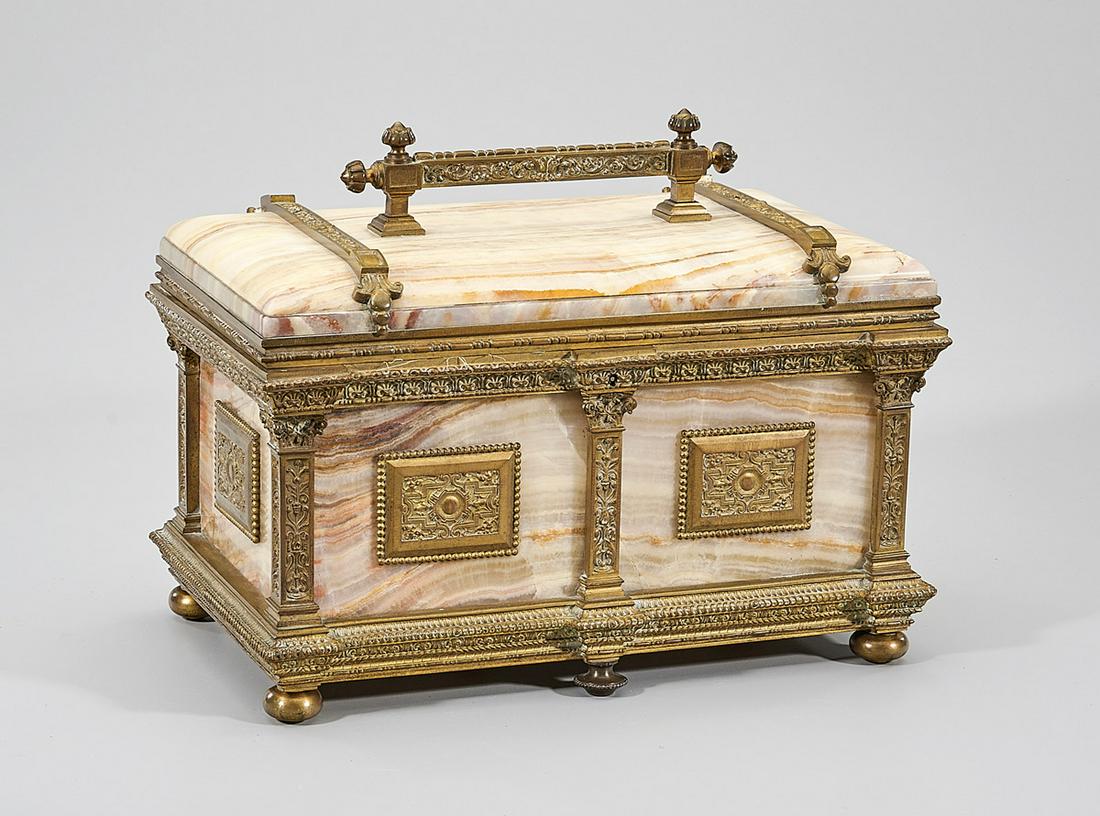 Vintage Onyx and Gilt Metal Jewelry Box: Vintage Onyx and gilt metal footed jewelry box; 10" x 12" 1/2" x 7 1/2" (approx.) Condition: wear, surface scratching; interior wear from use
