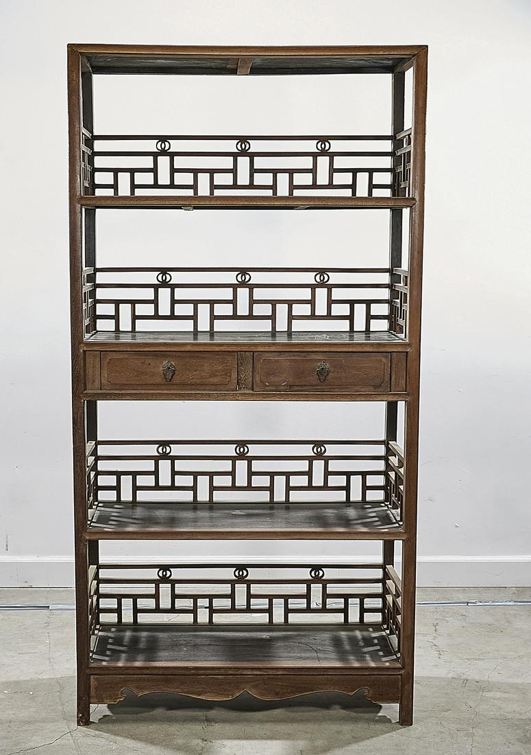 Chinese Wood Shelves: Chinese wood shelves with openwork design; 66 3/4" x 34" x 14" (approx.)