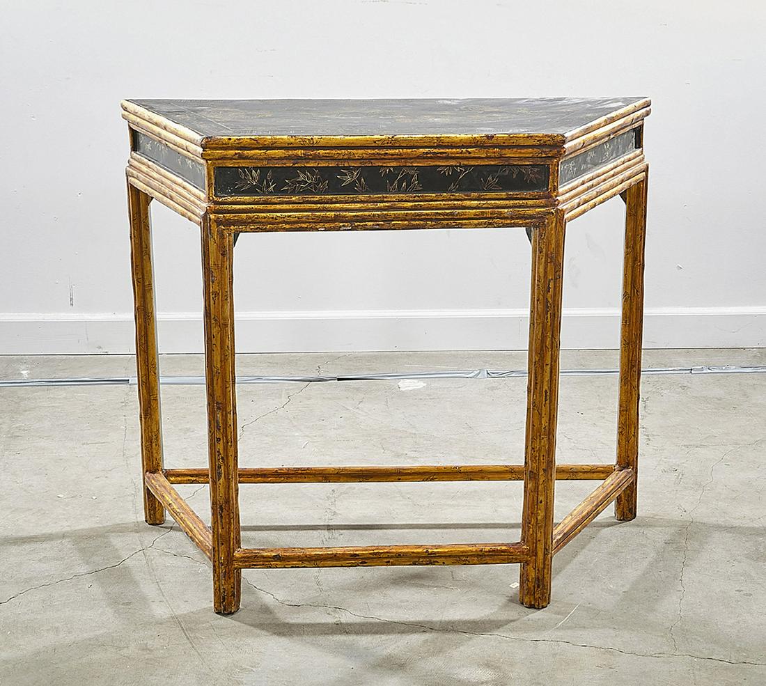 Chinese Painted Wood Console Table: Chinese ink color and gilt painted wood console table; 33" x 38" x 16 1/2" (approx.) Condition: wear, losses