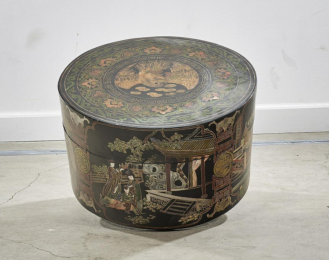 Chinese Painted Wood Covered Box: Chinese painted wood covered box; phoenix motif to top; figures in various settings decorating the box; 12" x 20" (approx.) Condition: wear, losses