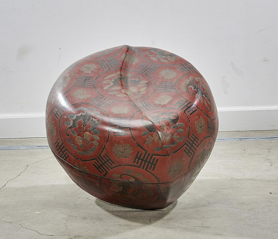 Chinese Painted Wood Covered Box: Chinese painted wood peach-form covered box; depicting shou characters with bats; 13" x 23" (approx.) Condition: wear, minor losses