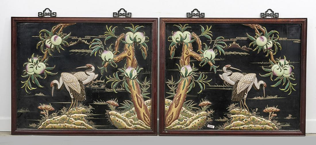 Pair Chinese Painted Panels: Pair of Chinese painted panels; hardstone and cloisonne on copper; 35" x 42 1/2" (each, overall, approx.) Condition: wear, surface scratching, minor losses