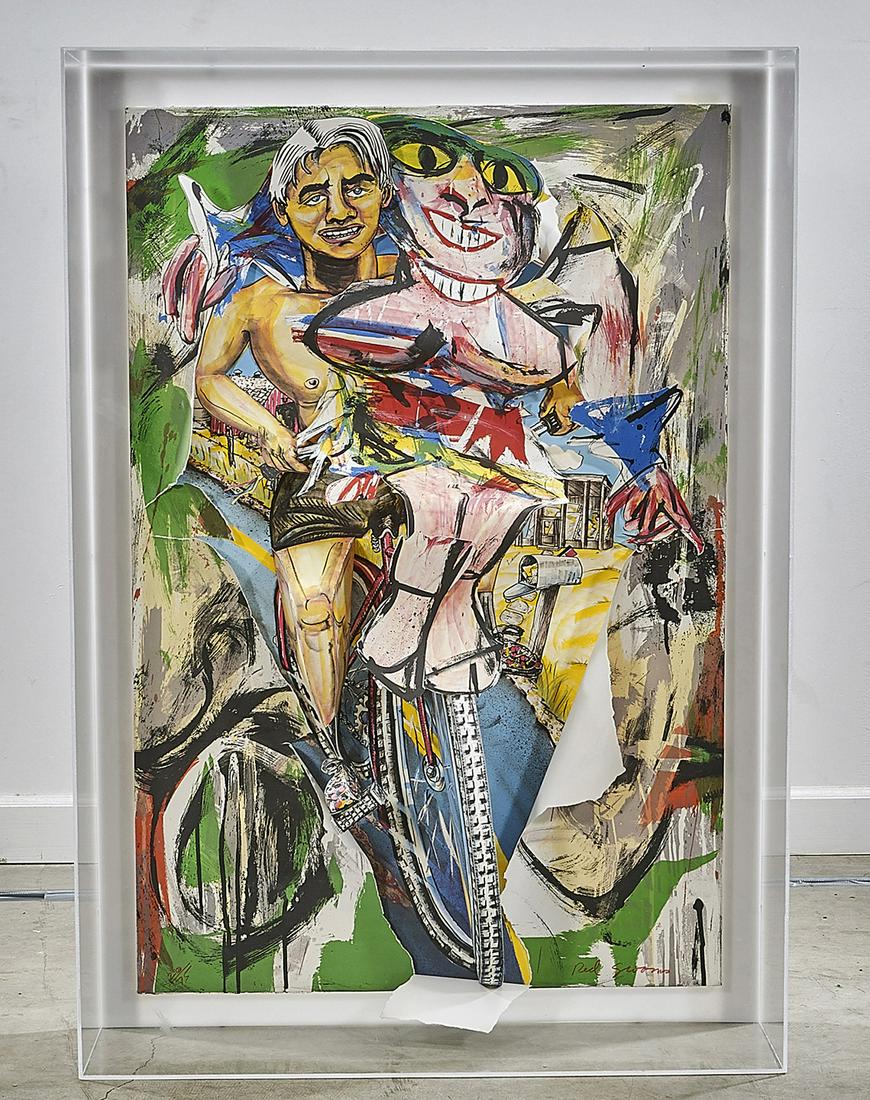 Three Dimensional Lithograph by Red Grooms: Acrylic framed 16 plate litho by Red Grooms; "DeKooning Breaks Through" 1987; 47 1/4" x 33" x 8 1/2" (overall, approx.)