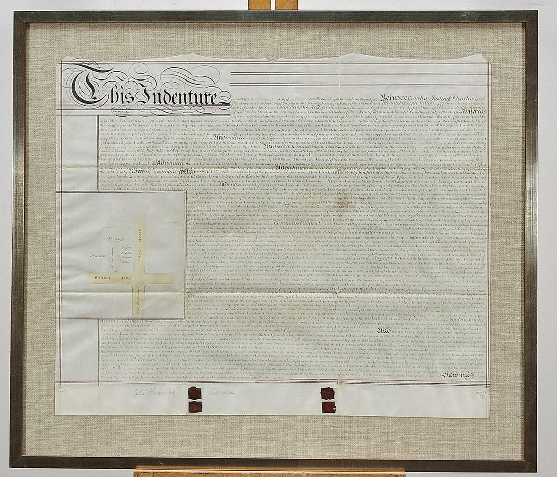 Large Antique Framed British Indenture Document: Large antique British legal indenture document, from 1871; with seals; framed; 23" x 28" (sight, approx.)