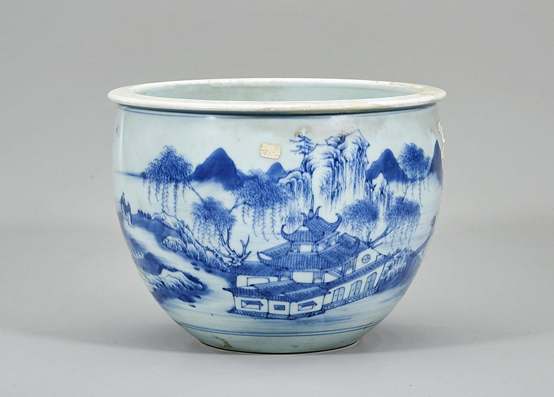 Chinese Blue and White Porcelain Jar: Chinese blue and white porcelain jar; water and landscapes with figures and architecture; 7" x 9" (approx.) Condition: wear, frits, pits, restoration