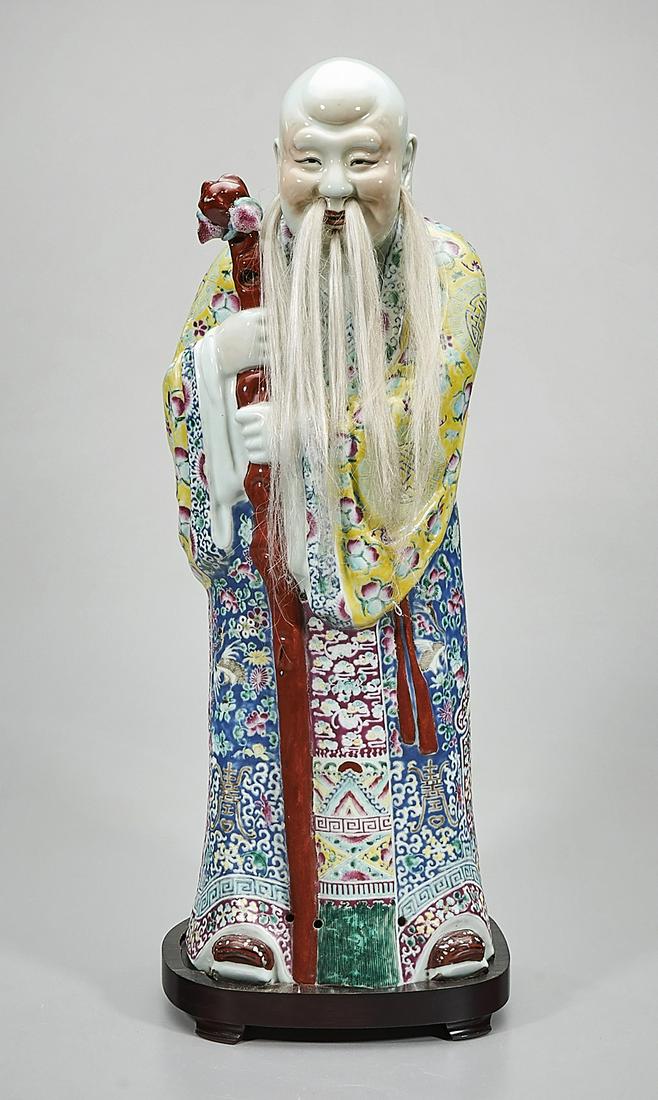 Old Chinese Enameled Porcelain Star God Figure: Chinese enameled porcelain Shoulou; with stand; hallmark; 24" x 9" x 7" (overall, approx.) Condition: wear, frits, pits, minor losses;