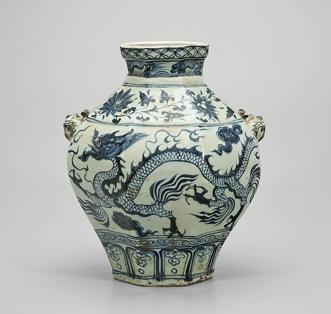 Chinese Blue and White Porcelain Vase: Chinese blue and white porcelain vase; dragons chasing pearls; 15" x 13" (approx.) Condition: wear, frits, pits, minor loss