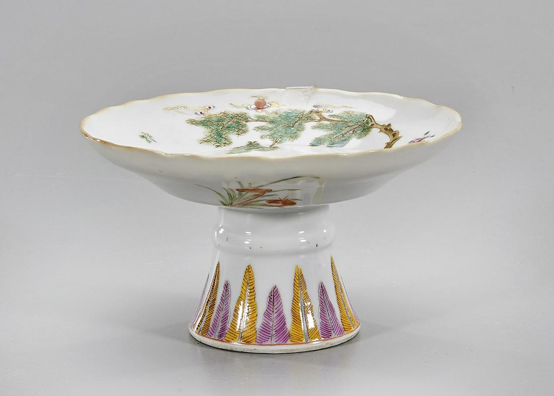 Chinese Enameled Porcelain Stem Dish: Chinese enameled porcelain stem dish; deer in a landscape design; Guangxu mark to base; 3 1/4" x 5 1/2" (approx.) Condition: normal wear