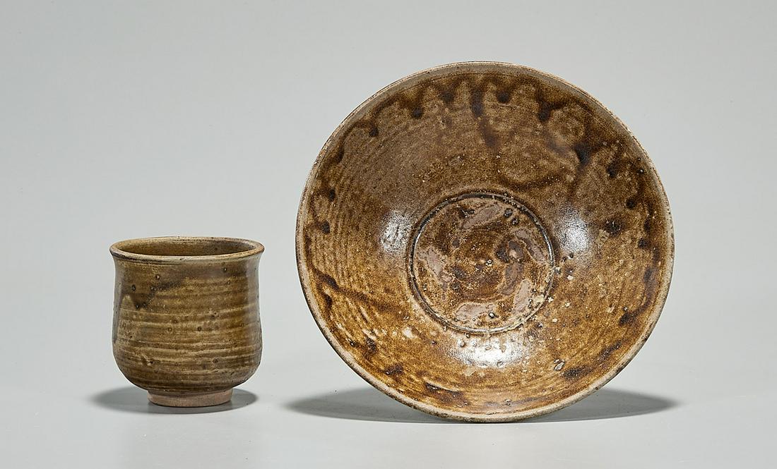 Two Anamese Glazed Pottery Pieces: Two Anamese glazed pottery pieces; including a bowl and tea cup; 2 1/2" x 8" (larger, approx.) Condition: wear, minor losses