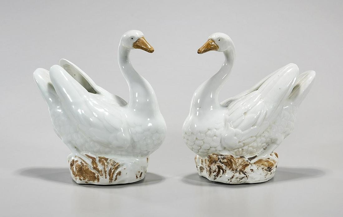 Pair Chinese Porcelain Geese: Pair of Chinese porcelain geese; 10" x 9" x 5" (approx.) Condition: general wear, frits, pits, minor losses