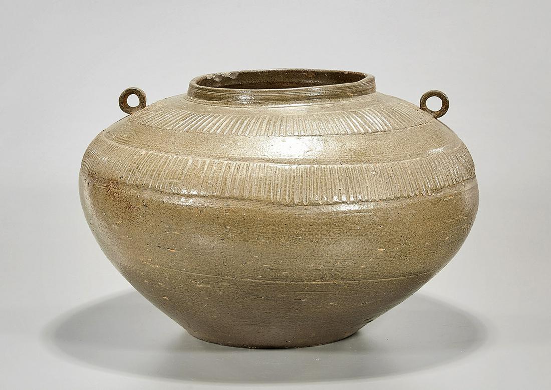 Chinese Glazed Ceramic Jar: Chinese glazed ceramic jar; 9" x 14" (approx.) Condition: general wear, frits, pits, minor losses