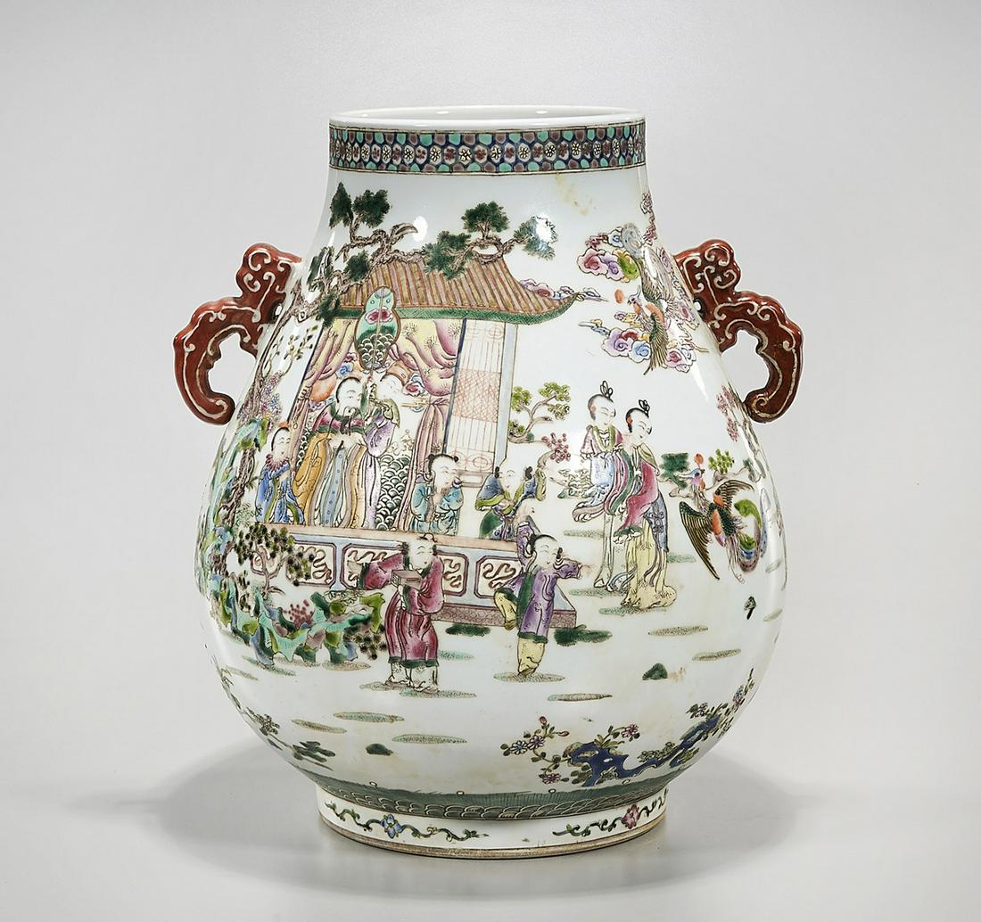 Chinese Enameled Porcelain Vase: Chinese enameled porcelain vase; showing figures in various settings, with phoenix; 17" x 14" (approx.) Condition: general wear, frits, pits, minor losses