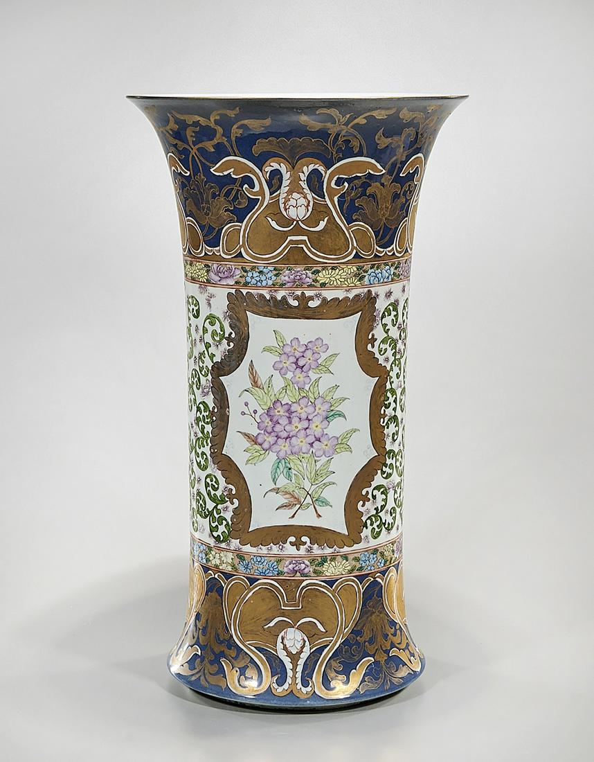 Chinese Enameled Porcelain Gu-Form Vase: Chinese enameled porcelain gu-form vase; gilt design; floral decoration; 21" x 12" (approx.) Condition: general wear, frits, pits, minor losses