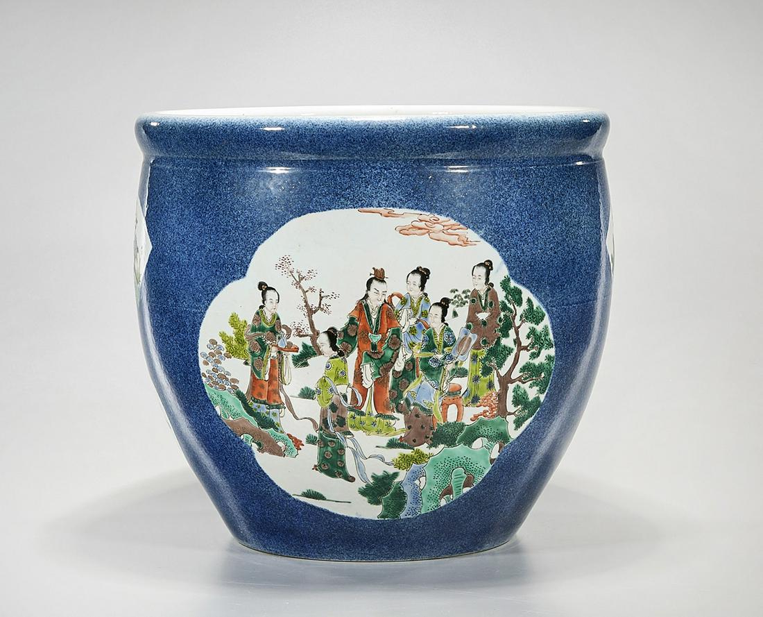 Chinese Enameled Porcelain Jardiniere: Chinese enameled porcelain jardiniere; blue splash glaze with figural scenes; 13 1/2" x 15" (approx.) Condition: general wear, frits, pits, minor losses