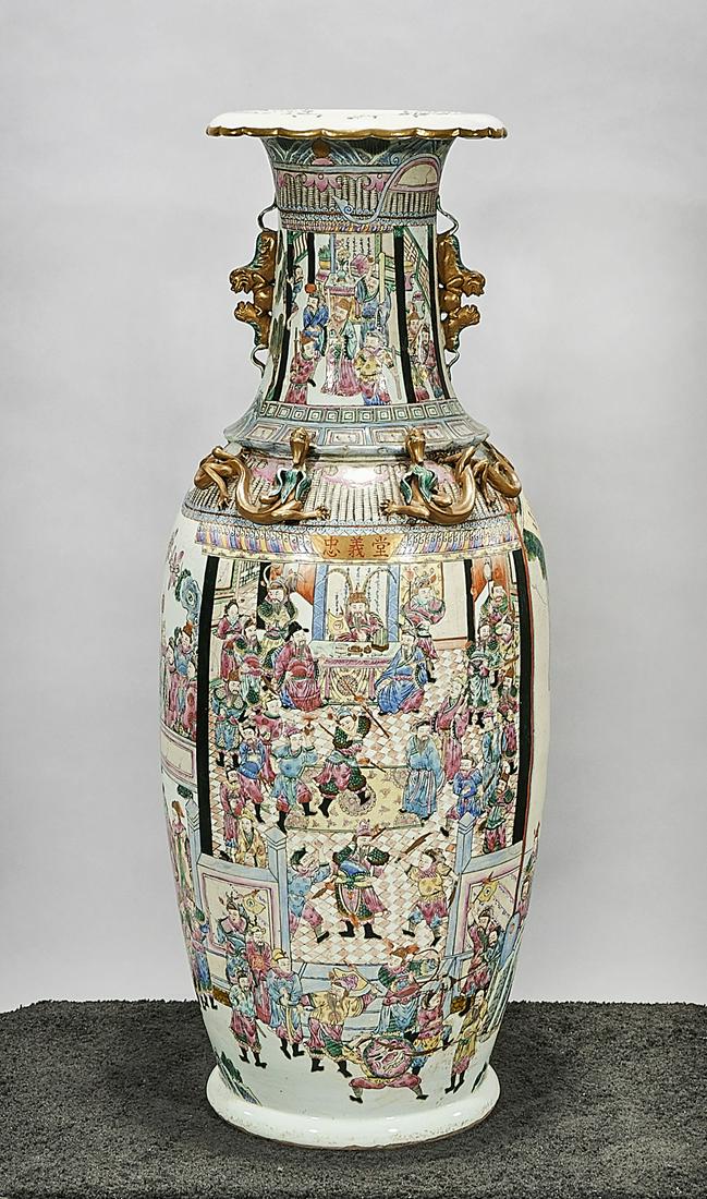 Tall Chinese Enameled Porcelain Vase: Tall Chinese enameled porcelain vase; depicting various scenes with numerous figures; chilong molds to shoulder; calligraphy; 37 1/2" x 13 1/2" (approx.) Condition: wear, frits, pits, minor loss