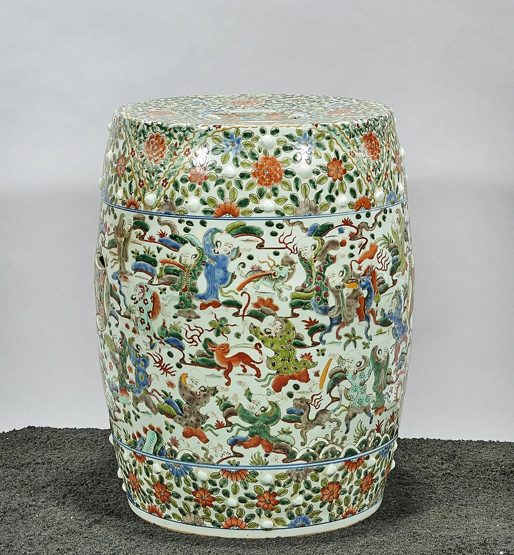 Chinese Famille Verte Porcelain Garden Seat: Chinese famille verte porcelain garden seat; various figures, qilin and other motifs; double coin; 18 1/2" x 16" (approx.) Condition: wear, frits, pits, minor loss