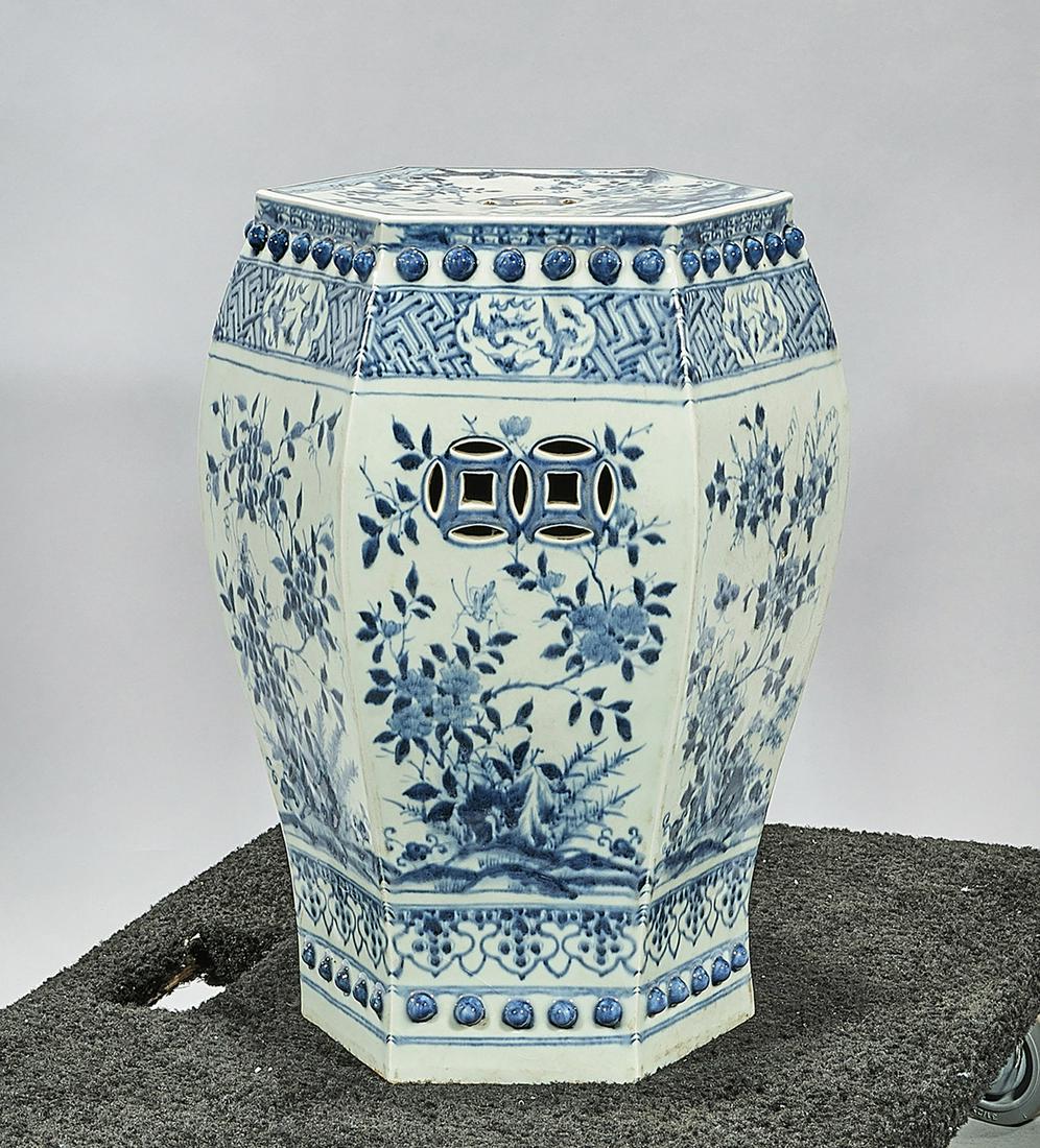 Chinese Blue and White Porcelain Hexagonal Garden Seat: Chinese blue and white porcelain hexagonal garden seat; double coins, floral design; 19" x 13" (approx.) Condition: wear, frits, pits, minor loss