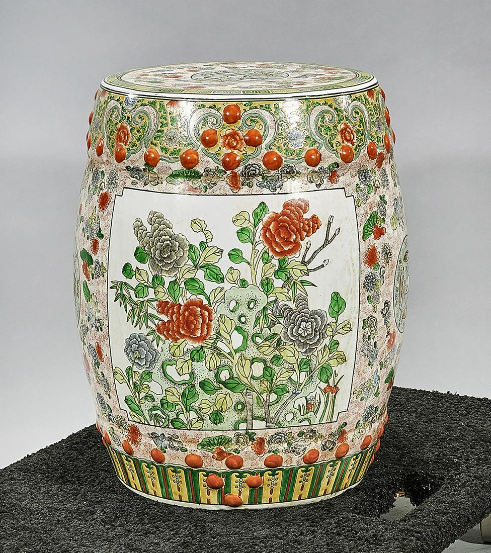 Chinese Enameled Porcelain Garden Seat: Chinese enameled porcelain garden seat, double coins with floral motifs; 19" x 13 1/2" (approx.) Condition: wear, frits, pits, minor loss