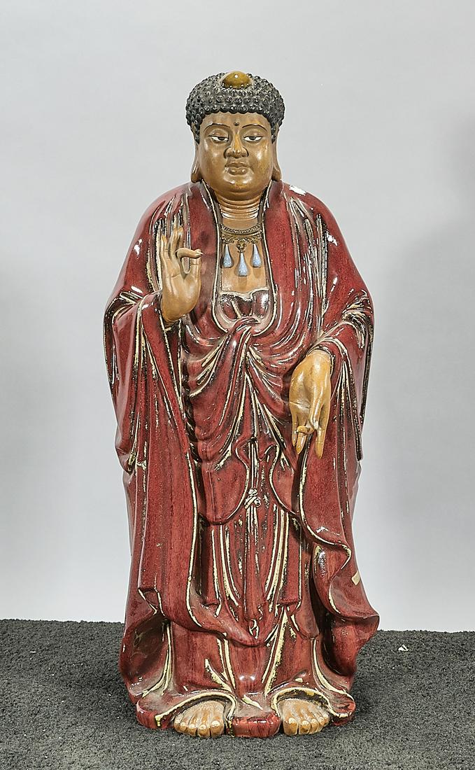 Tall Chinese Glazed Porcelain Figure: Tall Chinese glazed porcelain Buddhist figure; mark; 29" x 12 1/2" (approx.) Condition: wear, frits, pits, minor loss