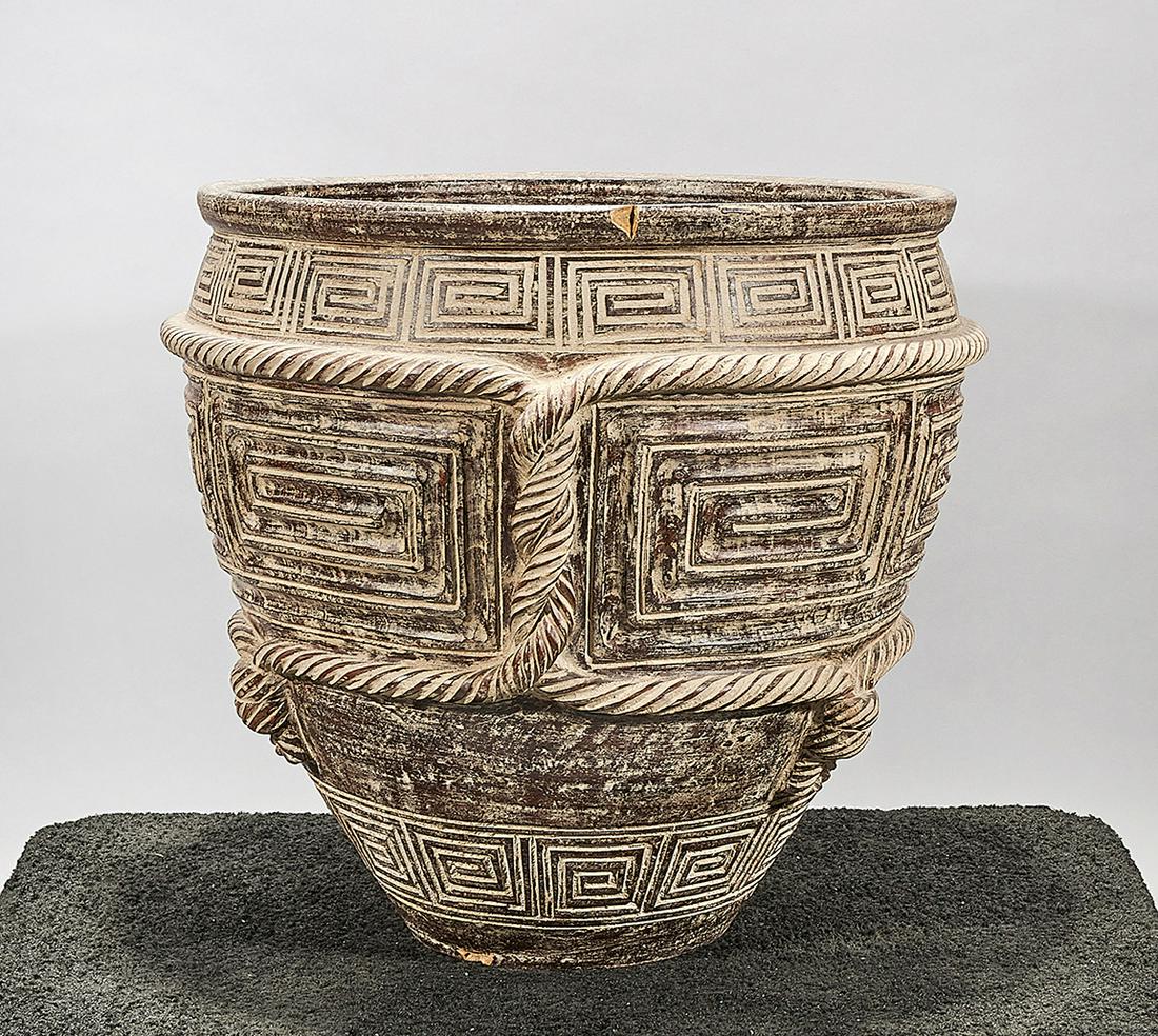 Large Chinese Glazed Pottery Jardiniere: Large Chinese brown glazed pottery jardiniere; Greek key band and rope design; 20 1/2" x 22" (approx.) Condition: wear, losses