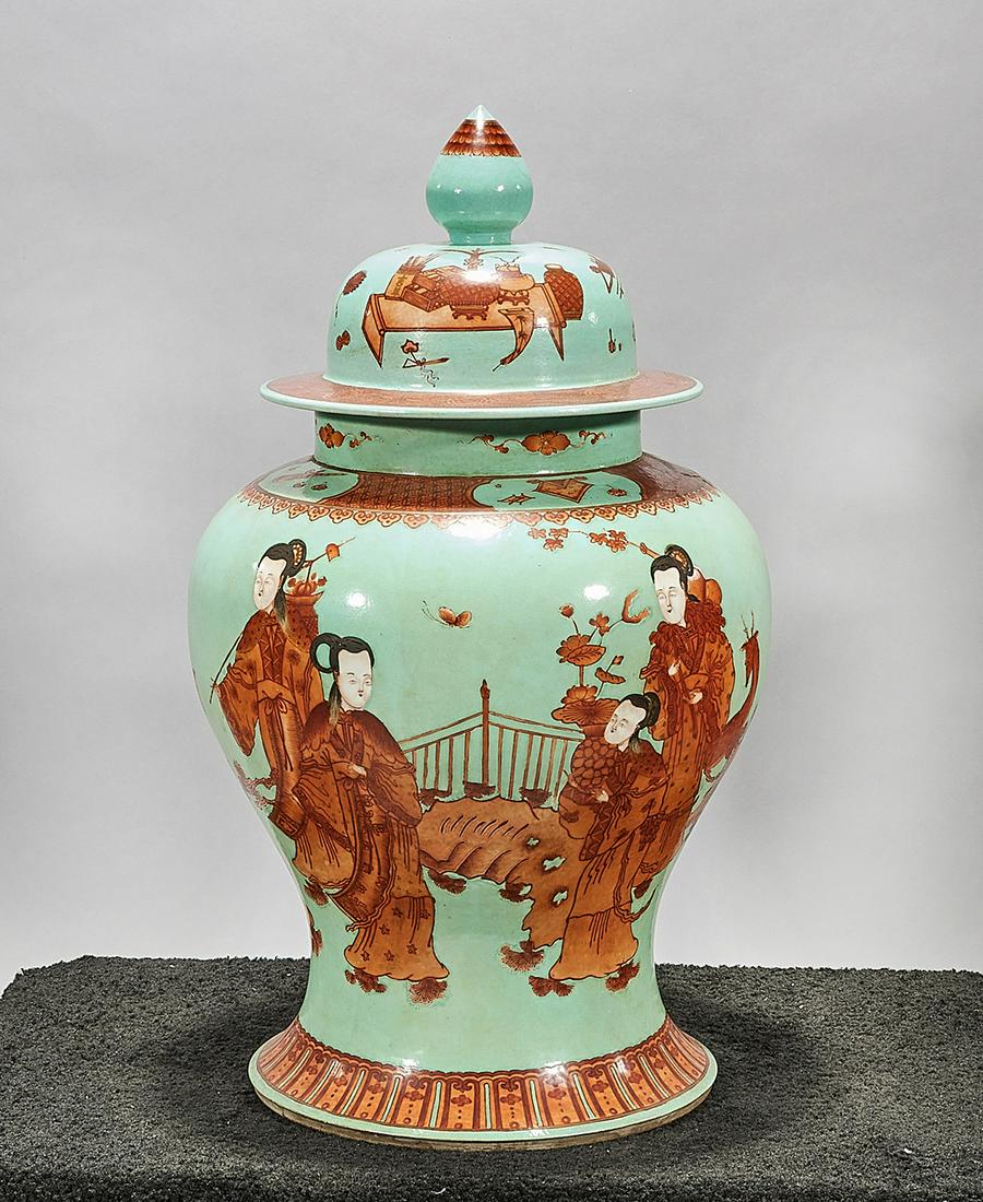 Tall Chinese Enameled and Painted Porcelain Covered: Tall Chinese enameled and painted porcelain covered vase; depicting beauties; 27 1/2" x 16" (approx.) Condition: wear, frits, pits, minor loss