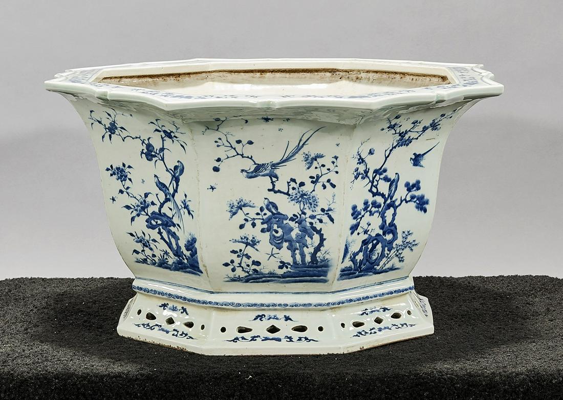 Chinese Blue and White Porcelain Octagonal Jardiniere: Chinese blue and white porcelain octagonal jardiniere; with flower and bird design; 12" x 22 1/2" (approx.) Condition: wear, frits, pits, minor loss