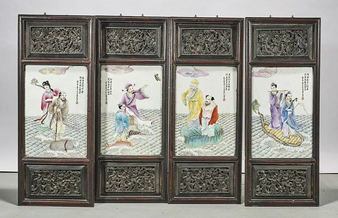 Group of Four Chinese Painted Porcelain Plaques: Four Chinese painted porcelain plaques; each with figures, calligraphy and seal mark; framed; 14" x 9 1/2" (each, sight, approx.) Condition: wear, frits, pits, minor loss