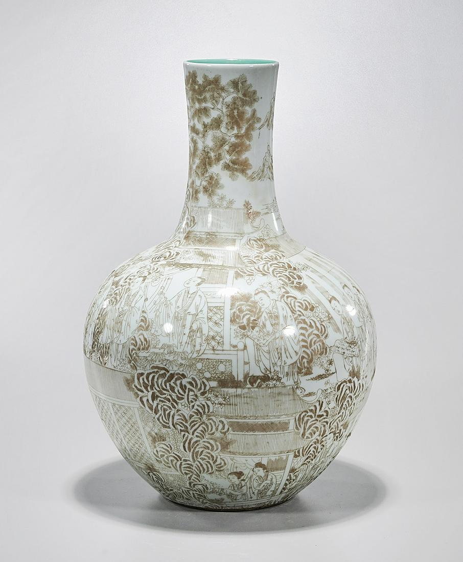 Chinese Glazed Porcelain Vase: Chinese glazed porcelain globular vase; with ink color painted figural scenes; mark to base; 18" x 12" (approx.) Condition: wear, frits, pits, minor loss